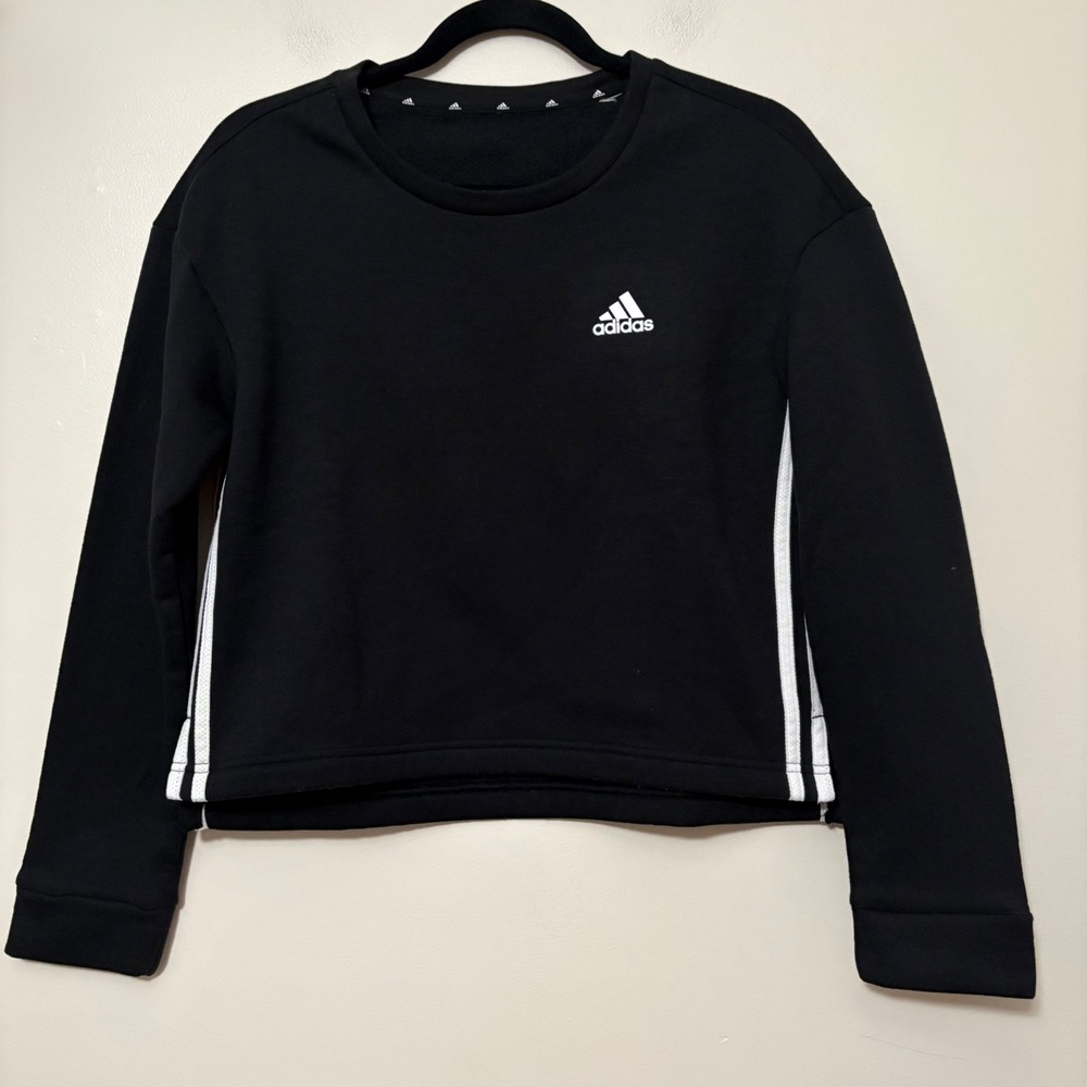 Adidas Womens Cropped Sweatshirt Black‎ White 3-Stripe Crew Neck Fleece Pullover